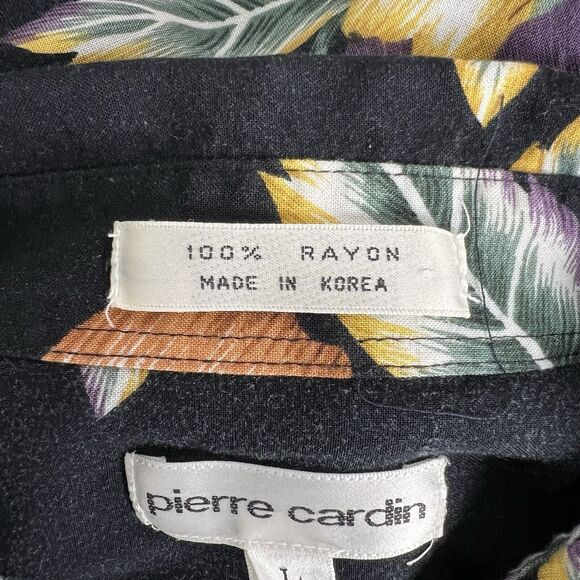 Pierre Cardin Hawaiian Camp Button Shirt Mens Sz Large Black Floral Beach Hawaii - Picture 6 of 6